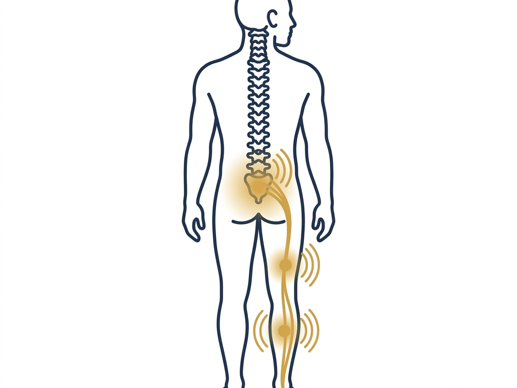 Back view of a human figure with a highlighted spine and radiating waves along the leg, indicating sciatic nerve pain, pain along the lower back to the leg.