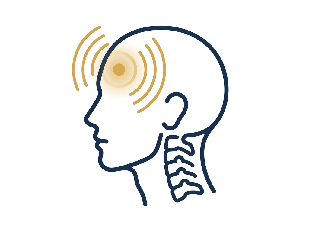 Profile of a human head with a glowing hotspot at the temple and radiating lines, indicating a headache or migraine.