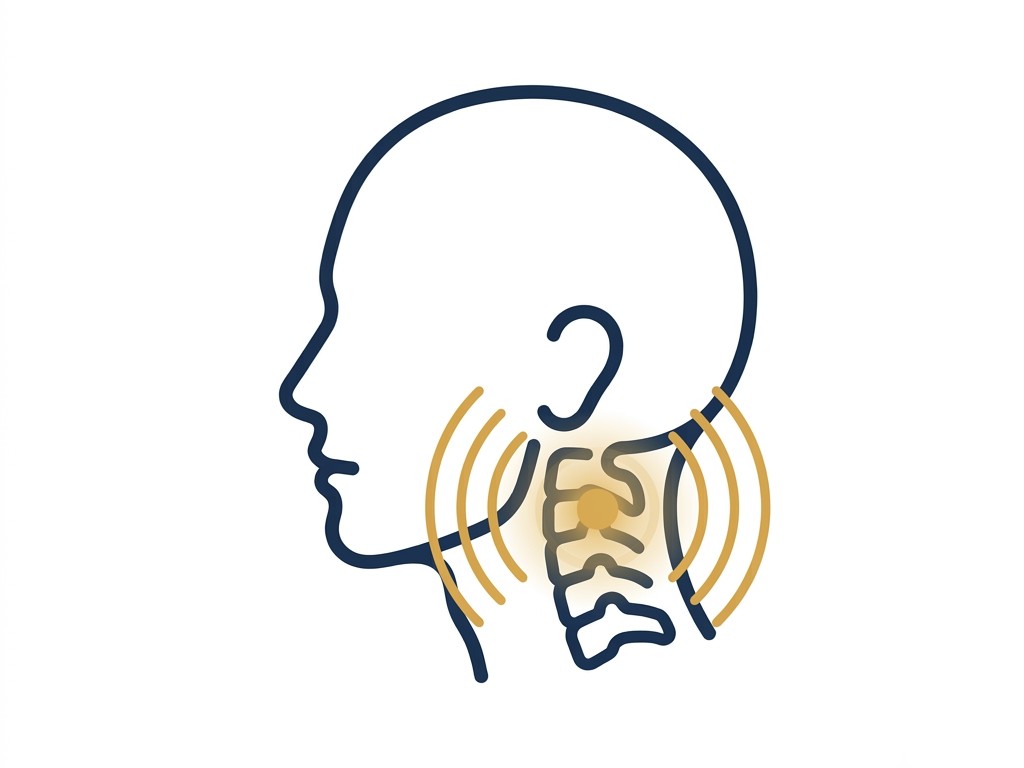 Side-profile line drawing of a human head and neck with orange sound waves radiating from the throat area, suggesting voice or communication.