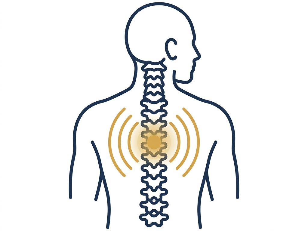 Back view of a human figure highlighting the spine with orange radiating waves indicating mid-back pain