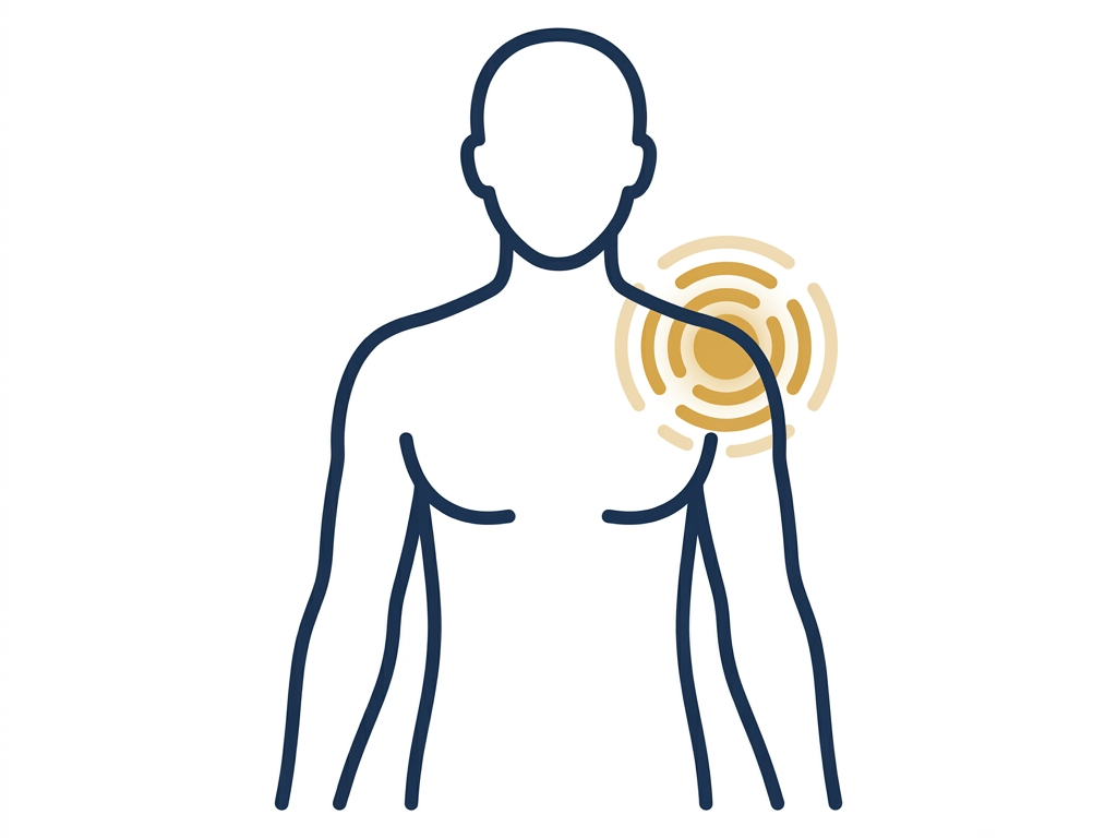 Person silhouette with highlighted right shoulder showing pain emphasis (orange ripple mark).