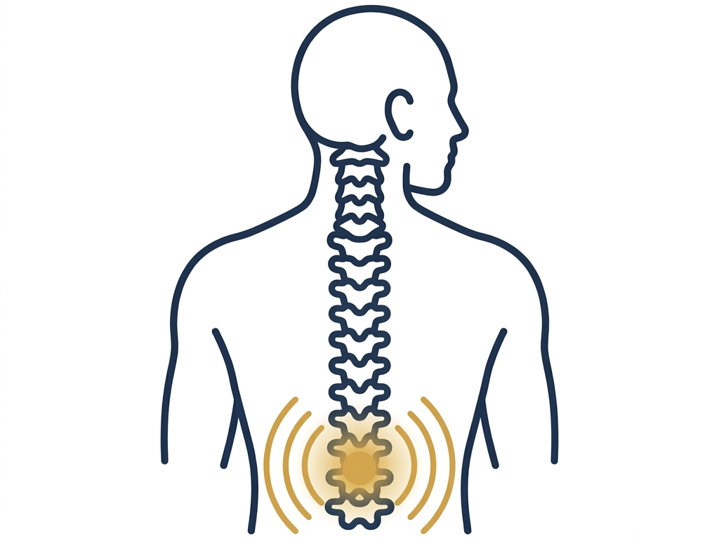 Back view of a person with the spine visible and a yellow glow at the lower back indicating pain.